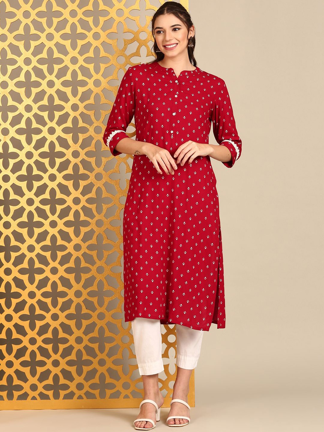 

Anouk Red Geometric Printed Mandarin Collar Straight Kurta, Maroon