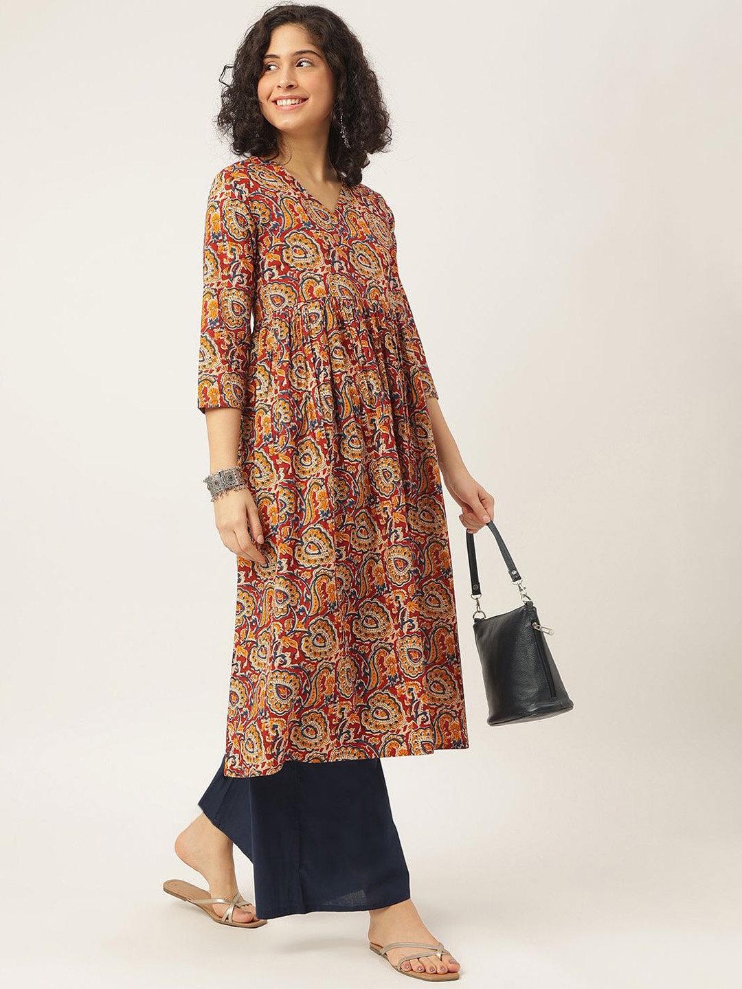

SPARSA V-Neck Ethnic Motifs Printed Pleated Pure Cotton Anarkali Kurta with Palazzos, Maroon