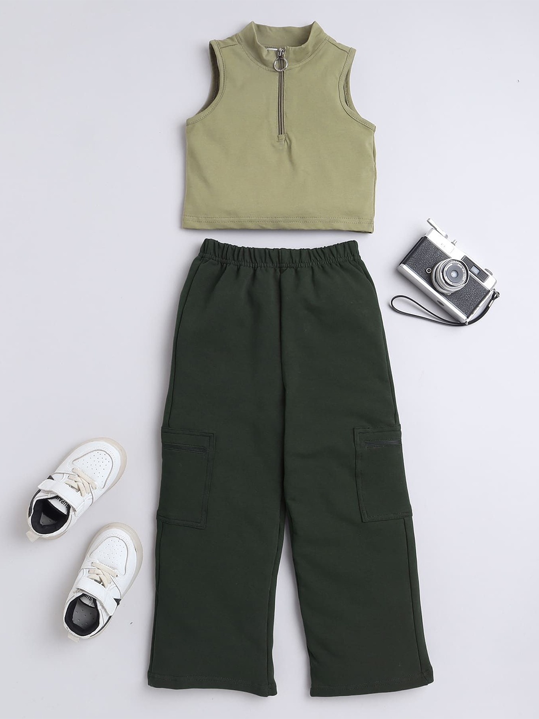 

taffykids Girls Round Neck Crop Top With Cargo Trousers, Olive