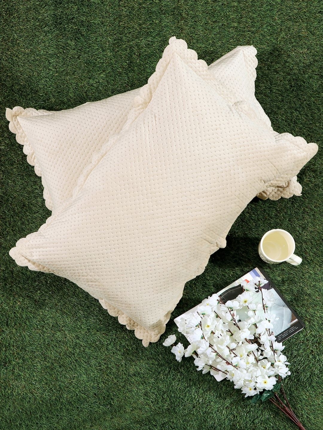 

HOSTA HOMES Cream-Coloured 2 Pieces Self Design Velvet Rectangle Pillow Covers