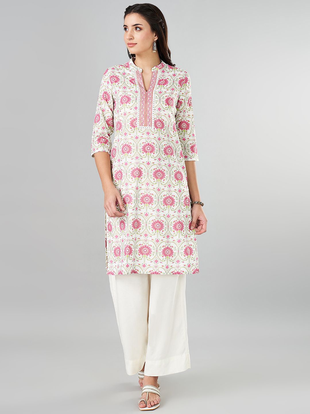 

RANGMANCH BY PANTALOONS Mandarin Collar Floral Printed Straight Cotton Kurta, Off white