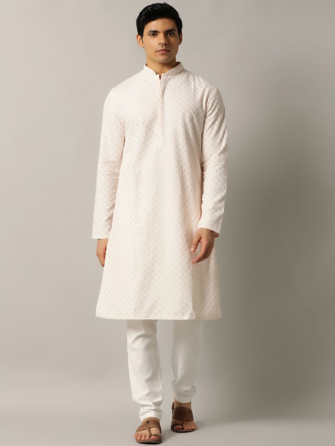 

THE KURTA COMPANY Geometric Embroidered Sequinned Regular Straight Kurta, Peach