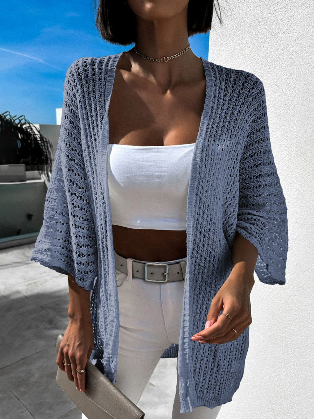 

HERE&NOW Women Longline Open Knit Front-Open Sweater, Blue