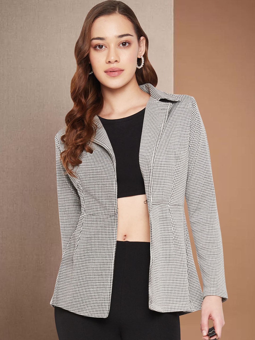 

Martini Checked Front Open Houndstooth Blazer, Black