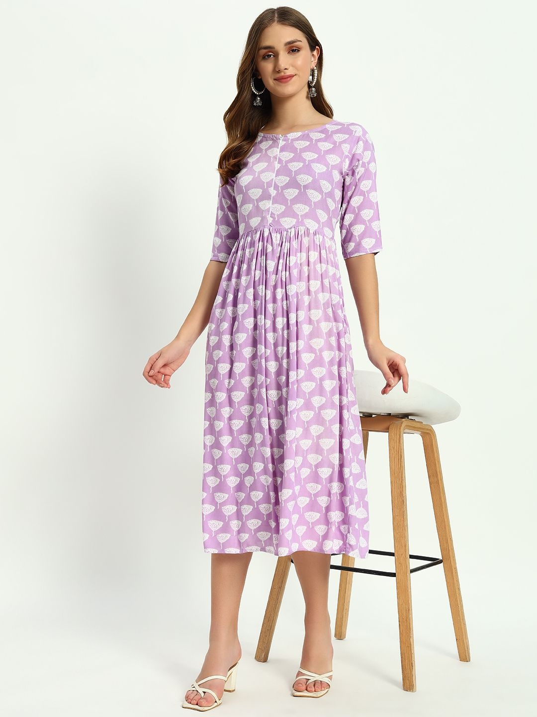 

ASHRU Women Floral Printed Round Neck Dress, Purple