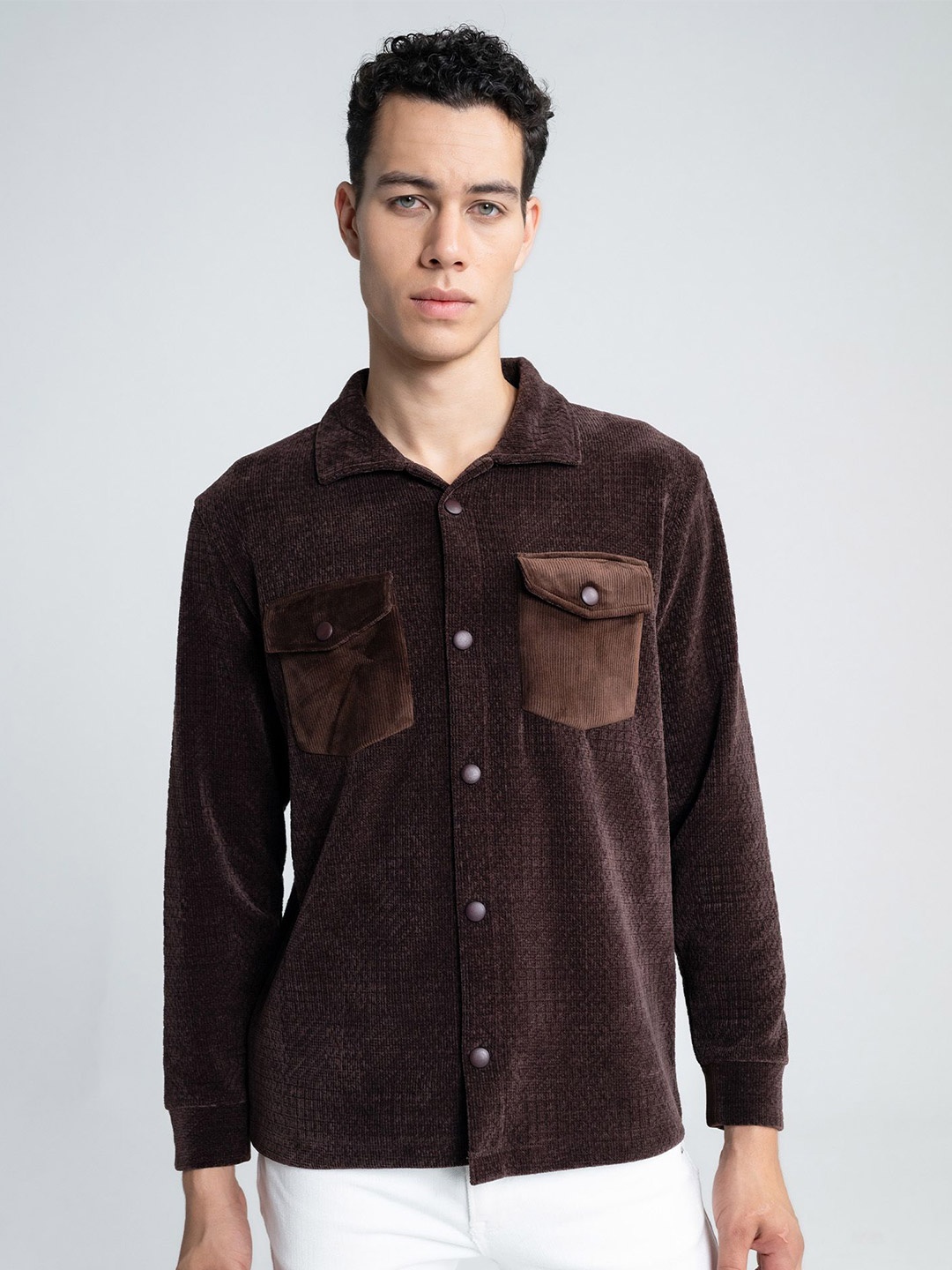 

EDRIO Men Shirt Collar Front-Open Sweatshirt, Brown