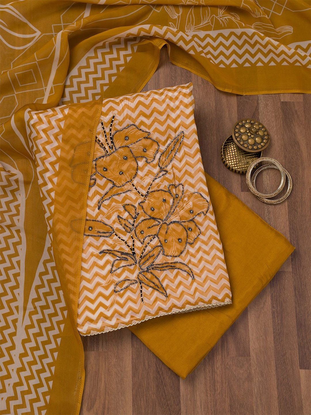 

Koskii Floral Printed Beads and Stones Unstitched Dress Material, Mustard