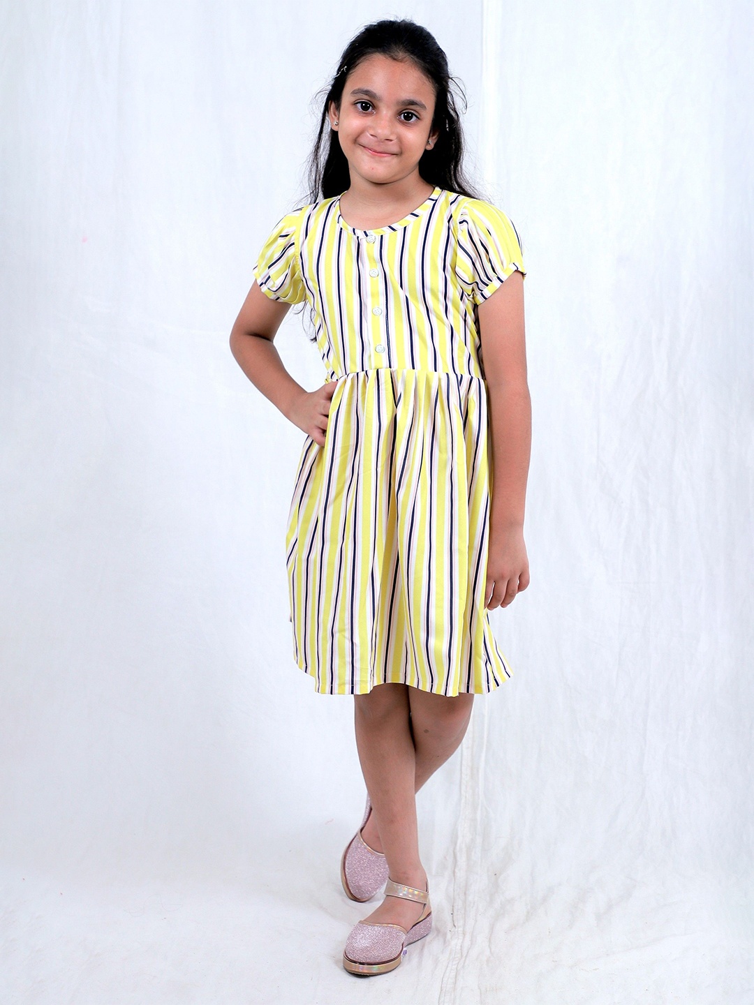 

TILISM Girls Cotton Striped Printed Fit & Flare Dress, Yellow