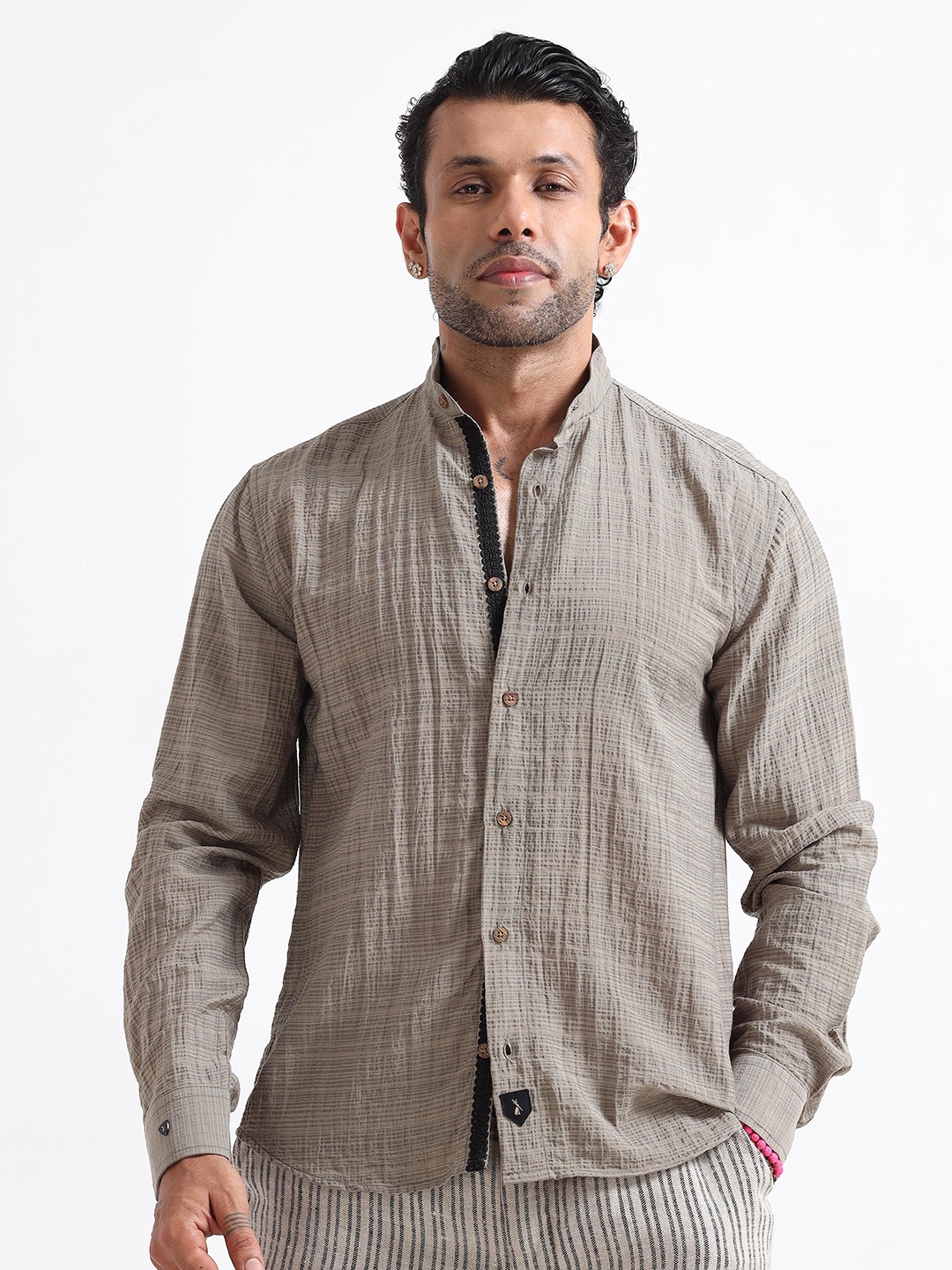 

Italian Colony Men Premium Crushed Mandarin Collar Casual Shirt, Olive