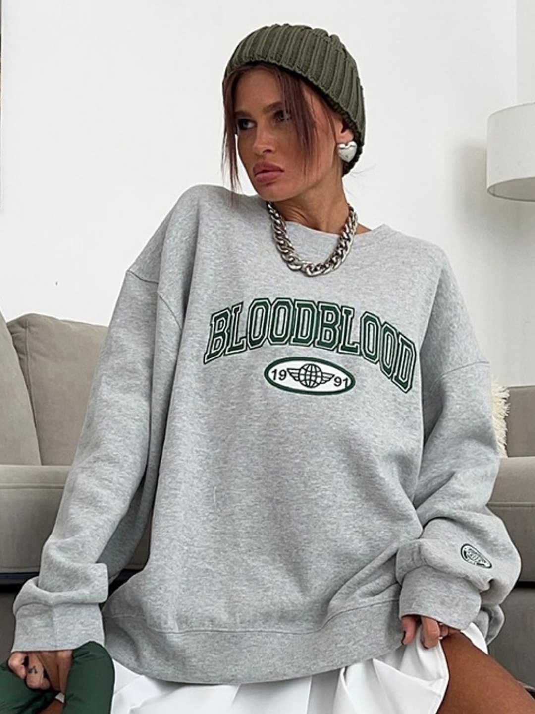 

HERE&NOW Women Printed Round Neck Long Sleeves Pullover Sweatshirt, Silver