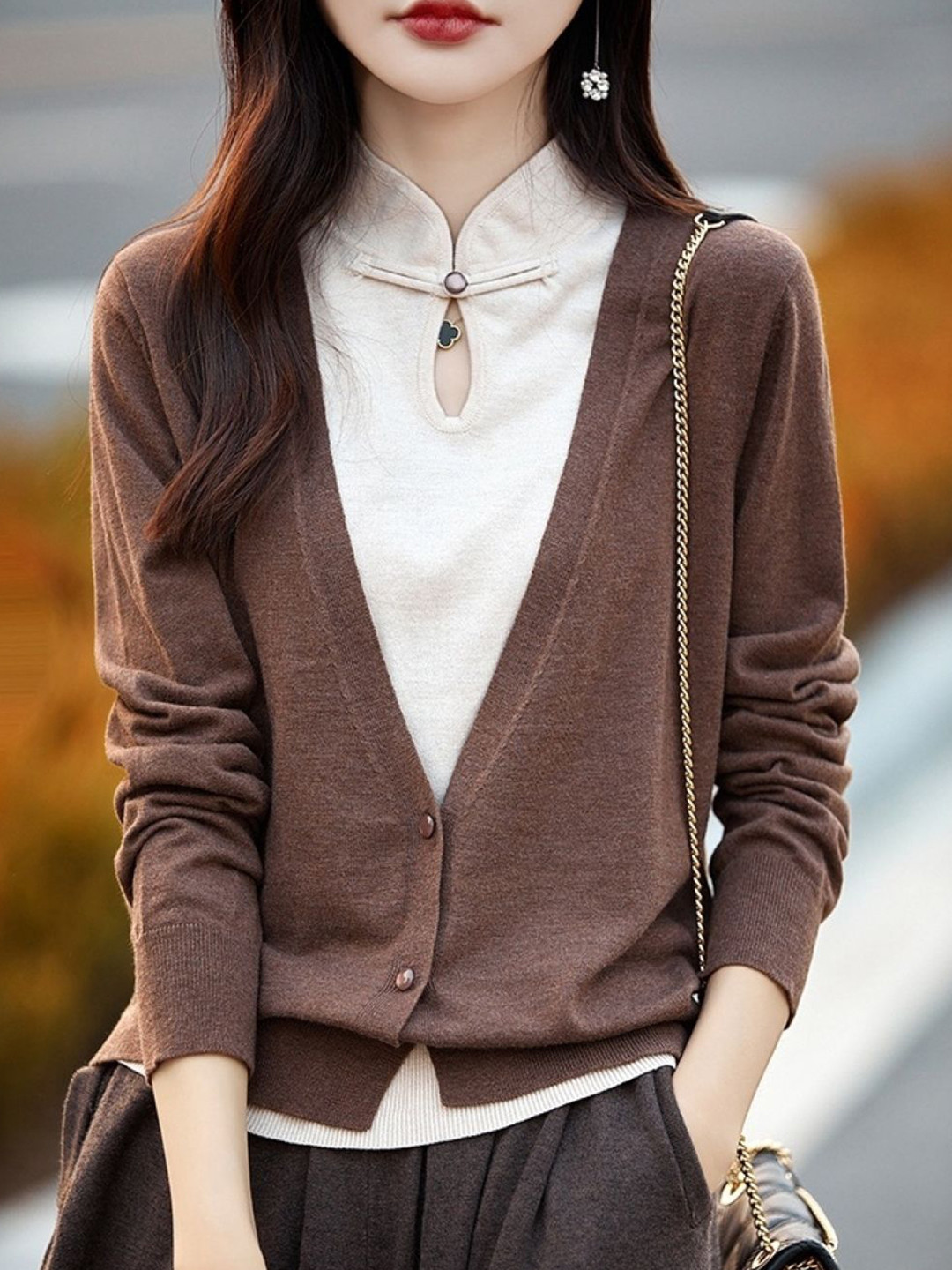 

KPOP Women V-Neck Long Sleeves Front-Open Sweater, Brown