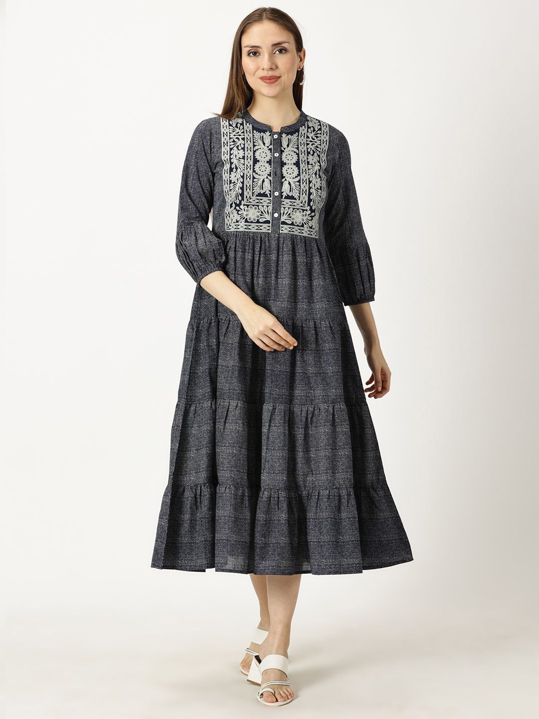 

Saffron Threads Women Ethnic Motifs Embroidered A-Line Cotton Tiered Midi Dress, Grey