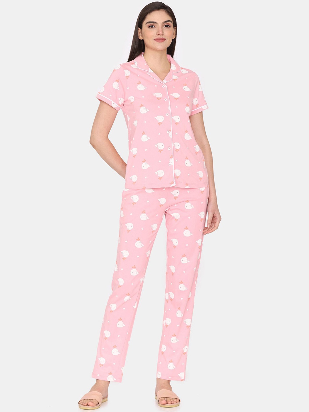 

Zivame Women Printed Pure Cotton Night suit, Pink