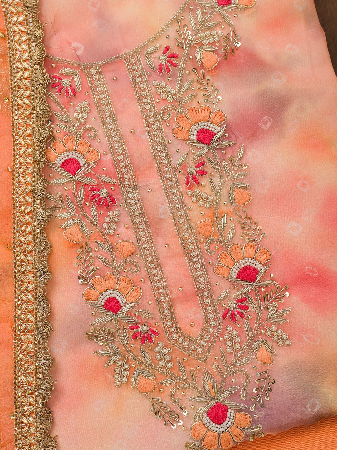 

Koskii Floral Embroidered Zari Work Organza Unstitched Dress Material, Peach