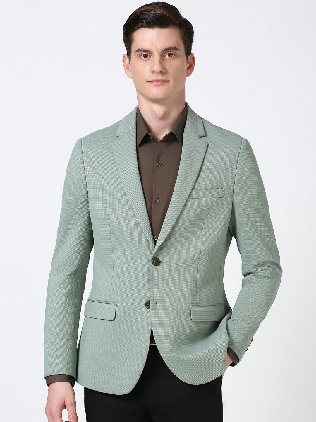 

Peter England Elite Self Design Slim-Fit Single Breasted Formal Blazer, Olive