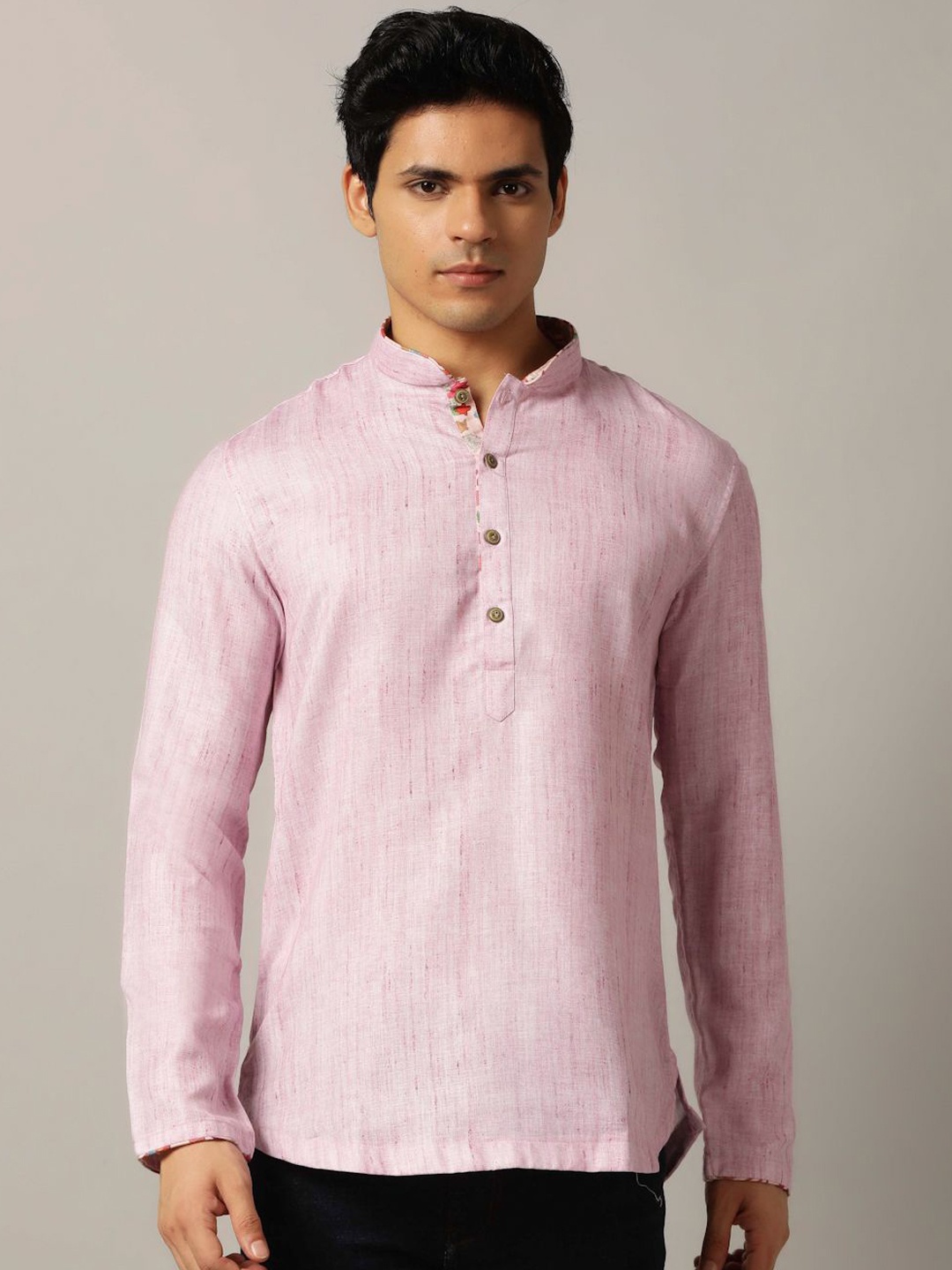 

THE KURTA COMPANY Mandarin Collar Striped Woven Design Straight Kurta, Purple