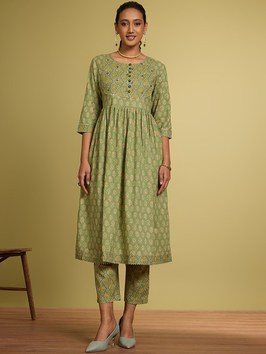 

Taneira Ethnic Motifs Printed Pleated Pure Cotton A-Line Kurta with Trousers, Green