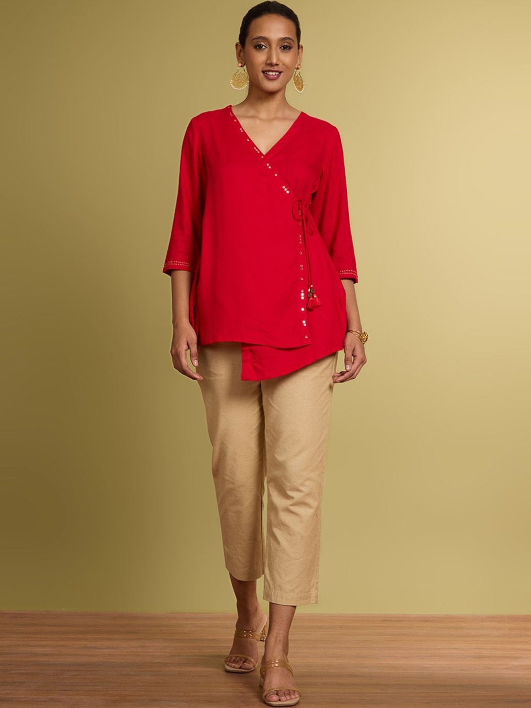 

Taneira V-Neck Three-Quarter Sleeves Angrakha Mirror Work A-Line Kurti, Red