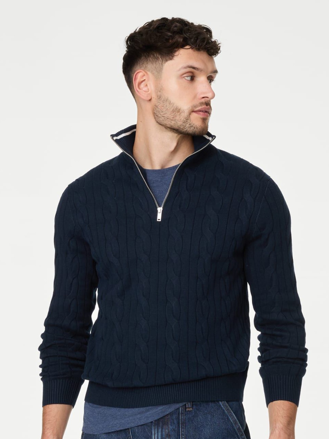 

Marks & Spencer Men Cable Knit Turtle Neck Long Sleeves Pullover, Navy blue
