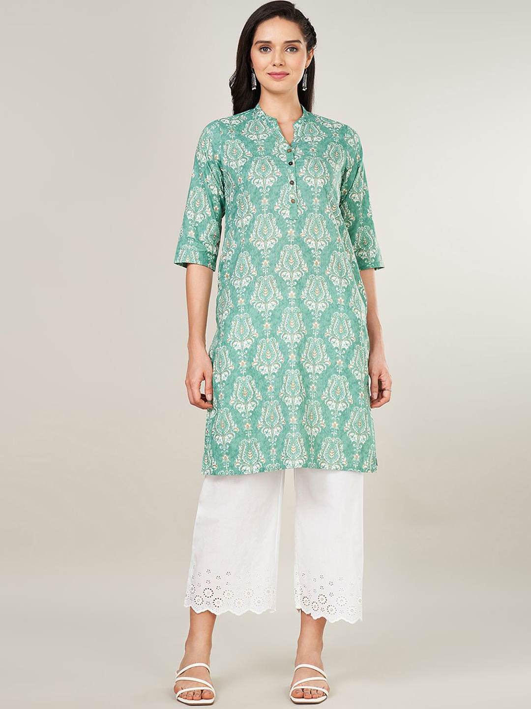 

RANGMANCH BY PANTALOONS Ethnic Motifs Printed Mandarin Collar Pure Cotton Straight Kurta, Green