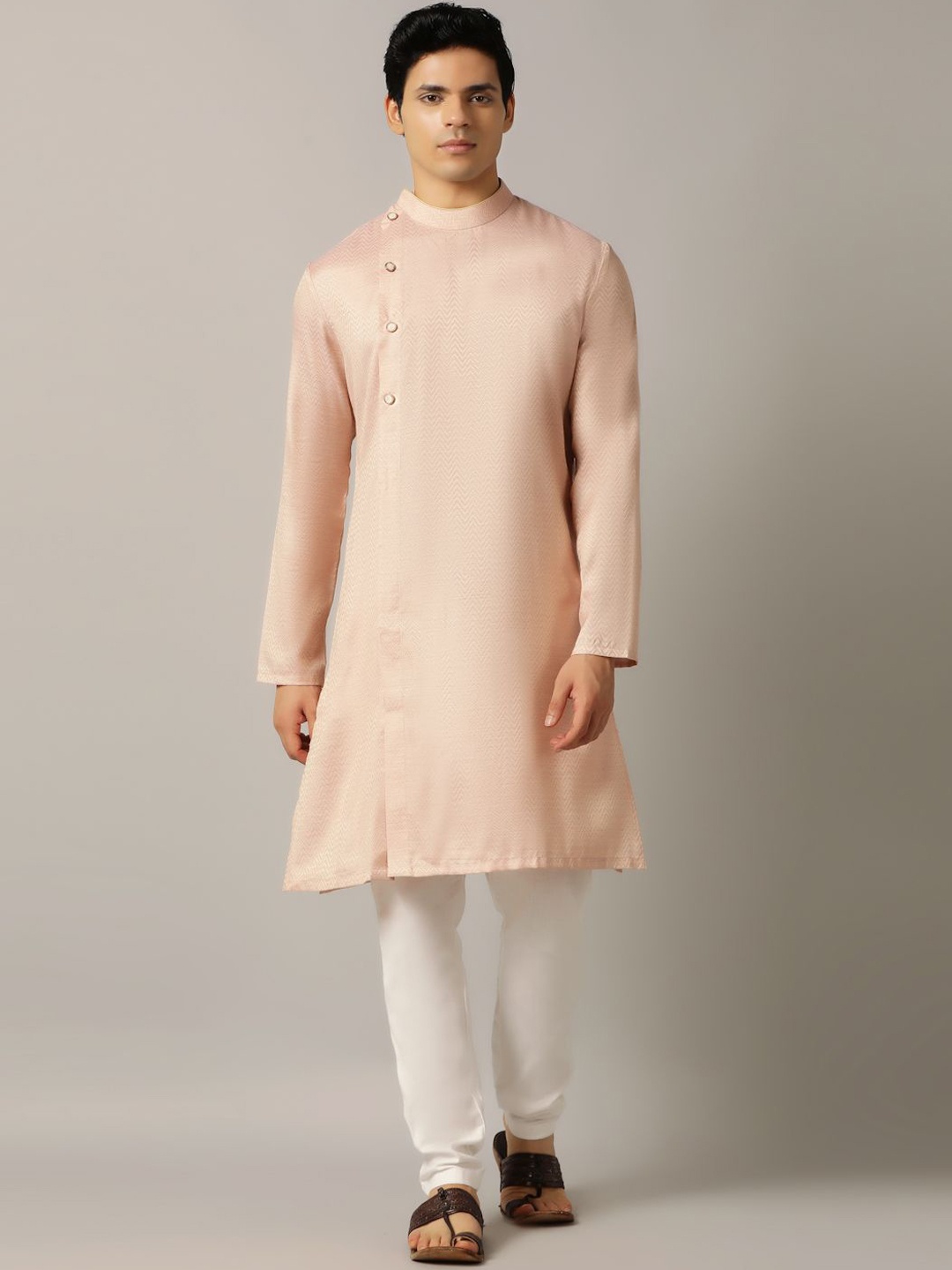 

THE KURTA COMPANY Woven Design Mandarin Collar Long Sleeves Regular Straight Kurta, Pink