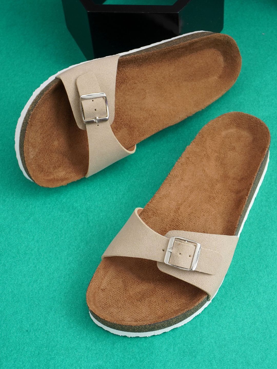 

MOZAFIA Women Open Toe Flats with Buckles, Beige