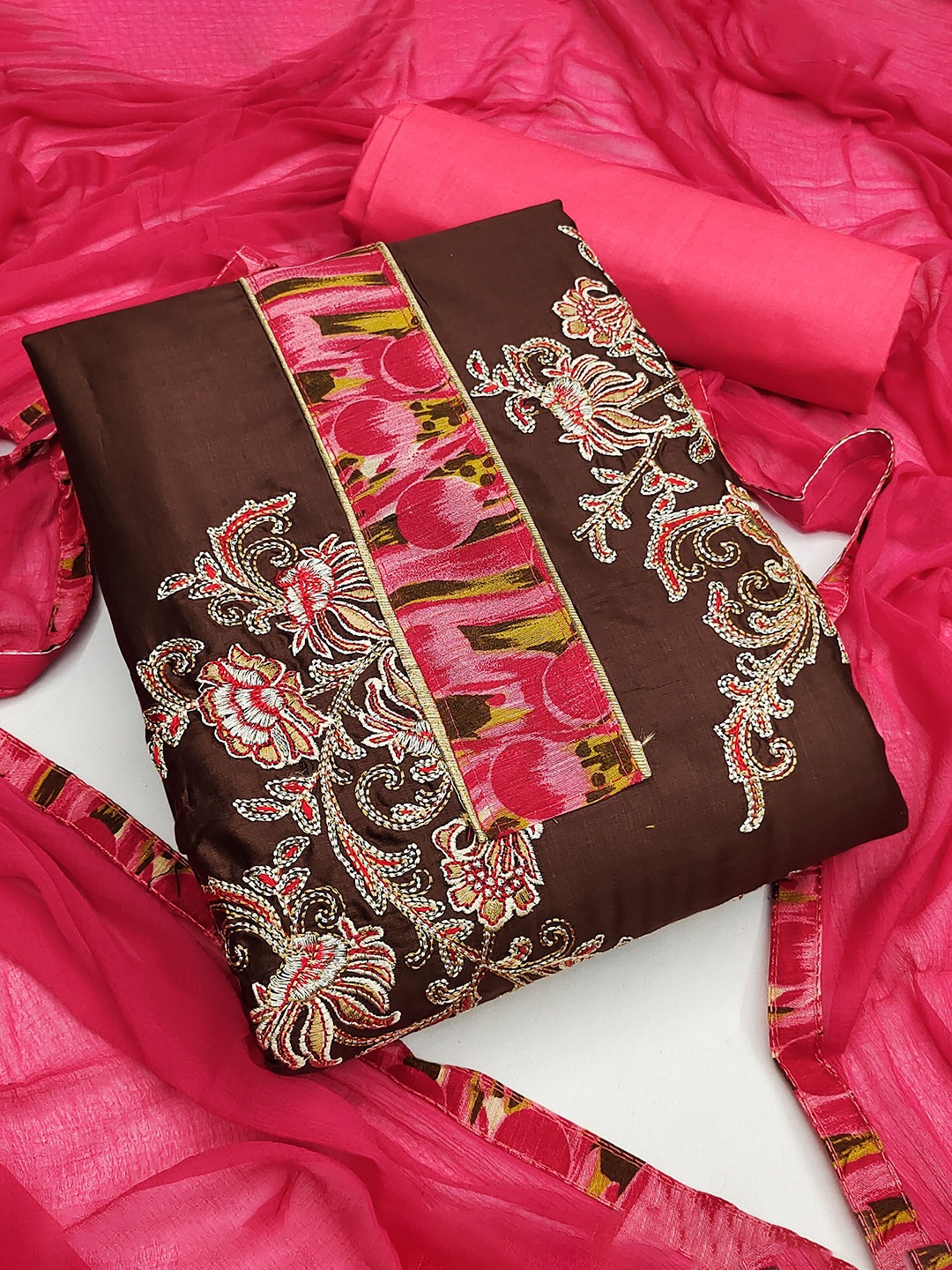 

Maroosh Floral Embroidered Unstitched Dress Material, Brown