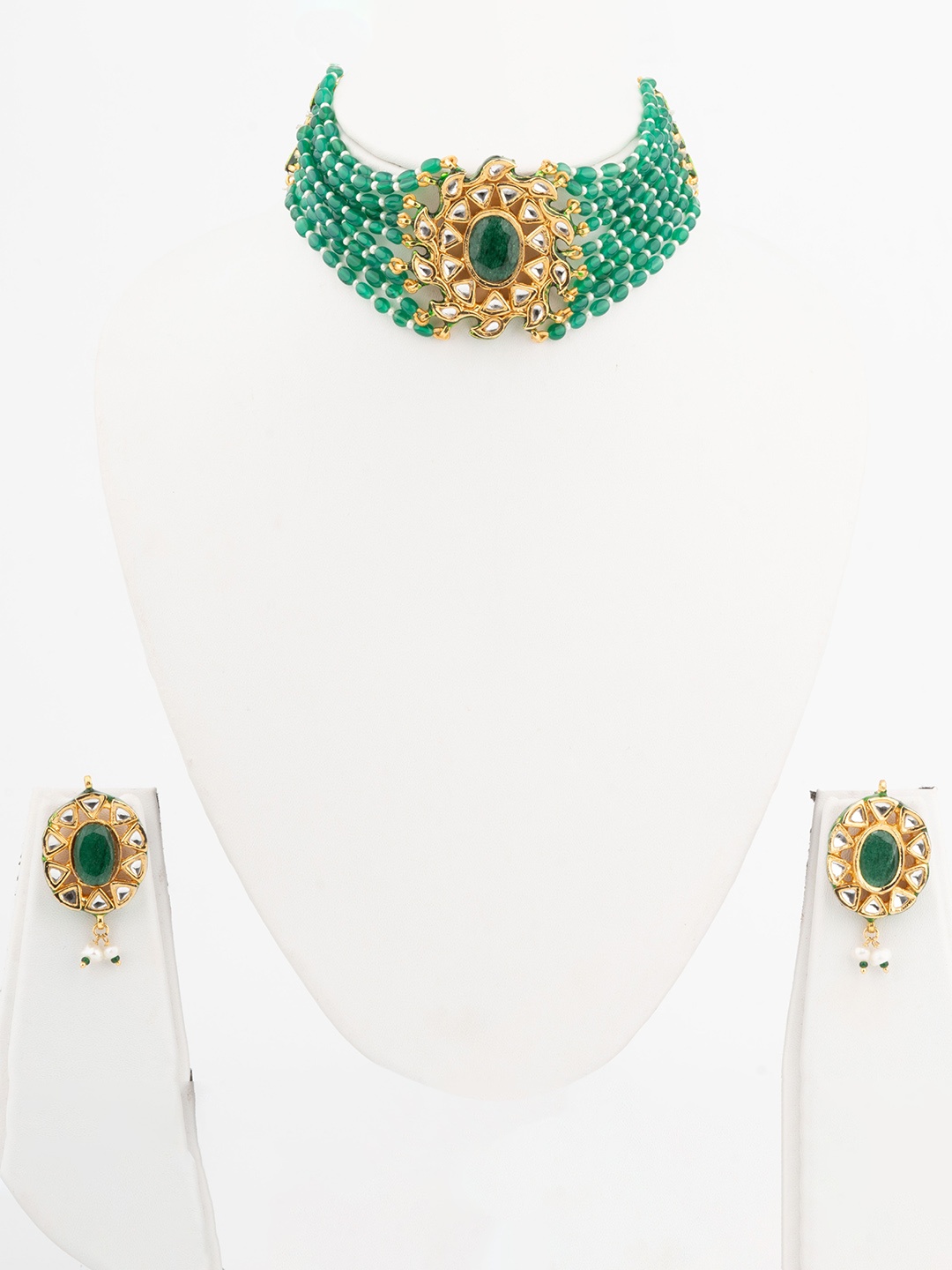 

Vivinia by Vidhi Gold-Plated Kundan Polki Studded & Beaded Choker Jewellery Set