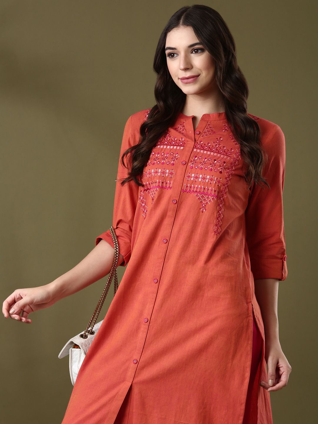 

Anouk Brown Ethnic Motifs Embroidered Mandarin Collar Pure Cotton Straight Kurta