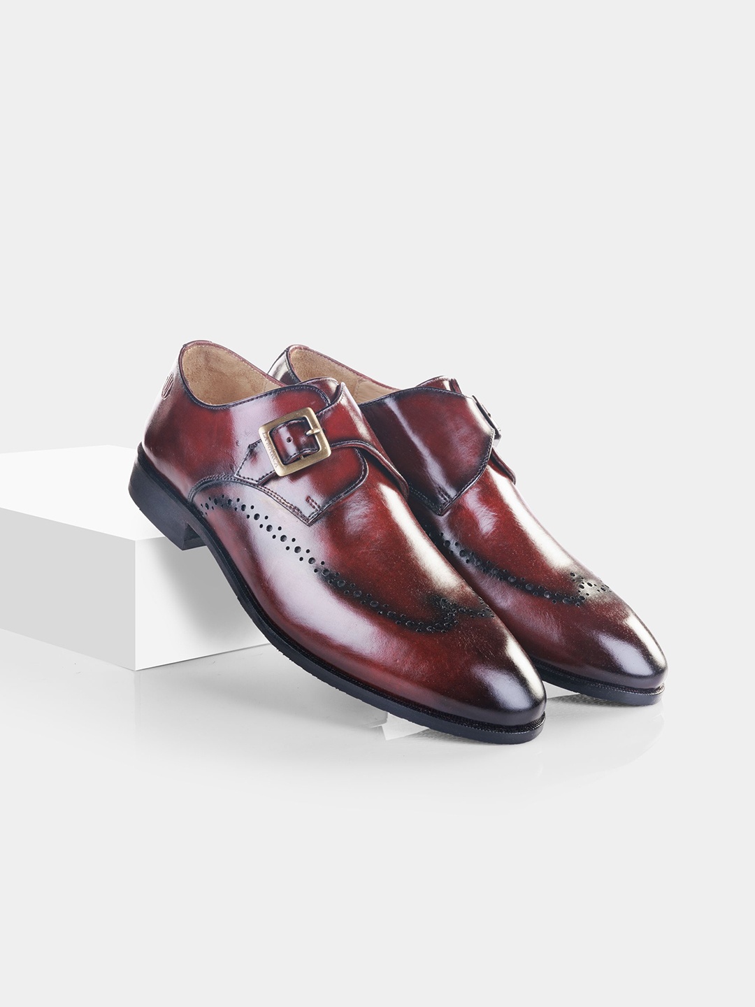 

LA MARCA Men Round Toe Formal Monk Shoes with Buckle, Burgundy