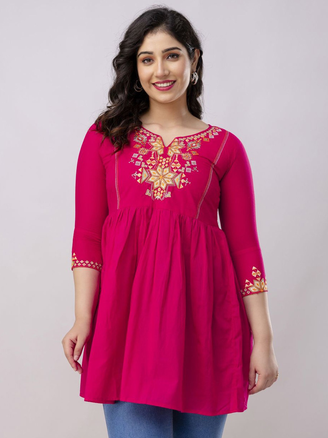 

Ksharaa Embroidered Round Neck A-Line Top, Pink