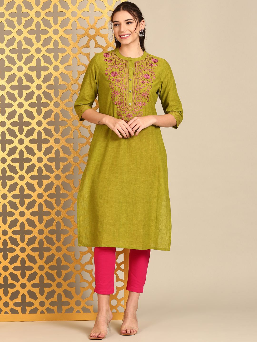 

Anouk Green Floral Embroidered Mandarin Collar Pure Cotton Straight Kurta