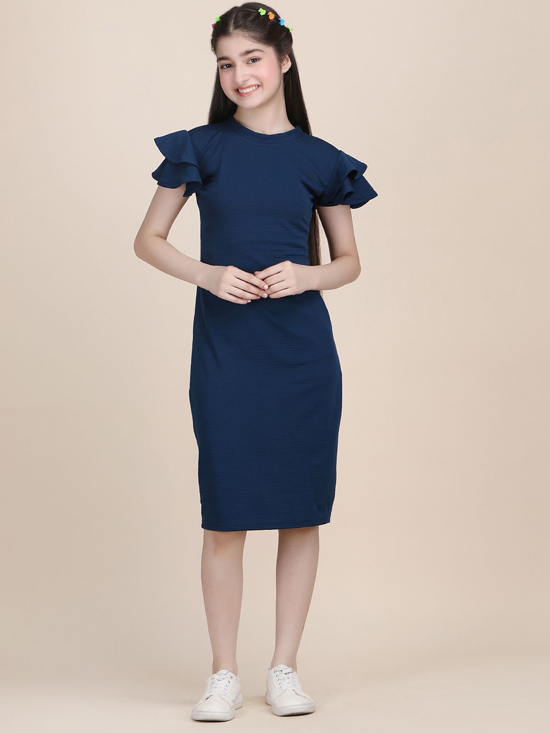 

DEKLOOK Girls Round Neck Flared Sleeve Bodycon Dress, Navy blue