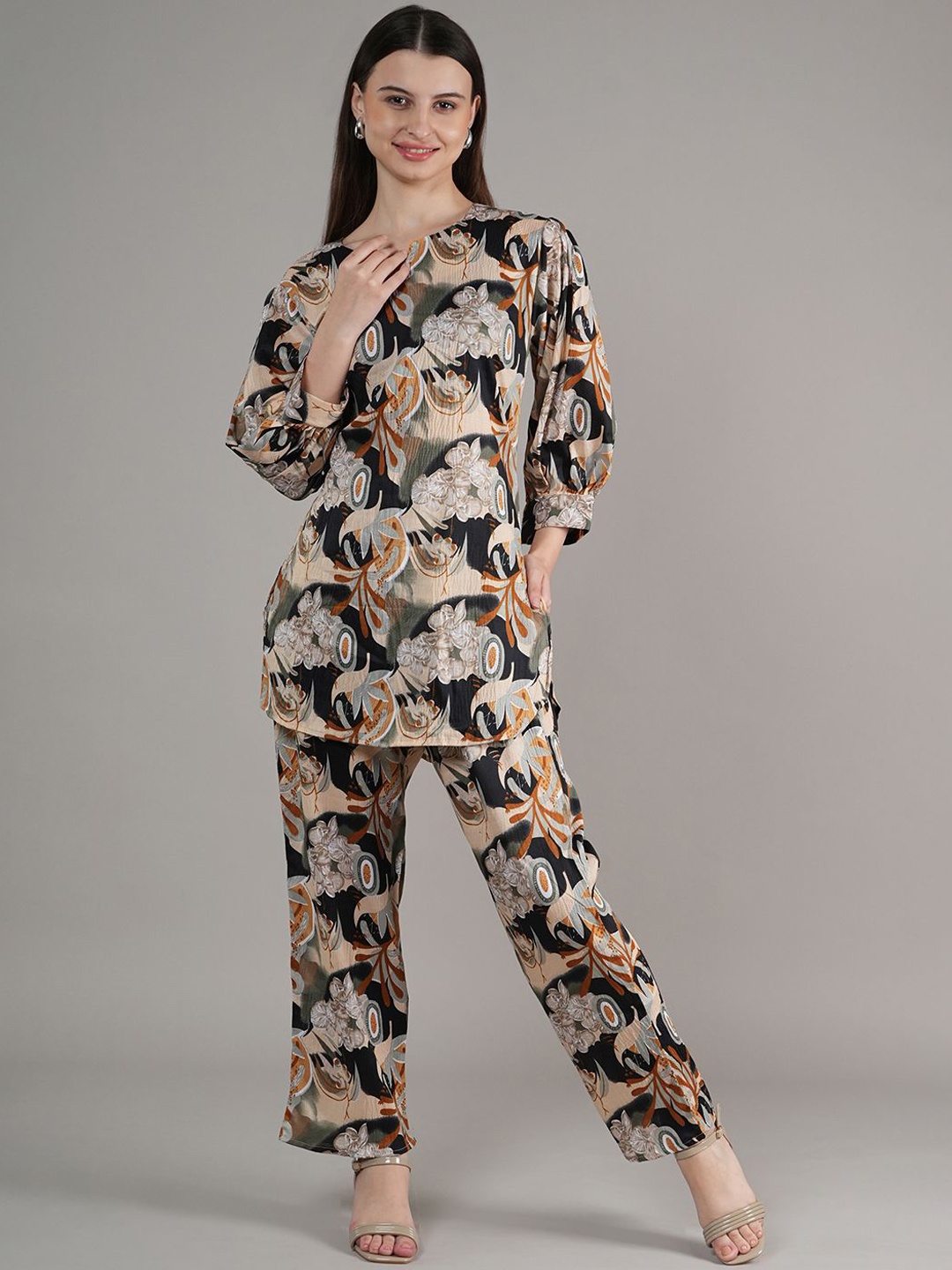 

BAESD Printed Three-Quarter Sleeves Top & Trouser, Black
