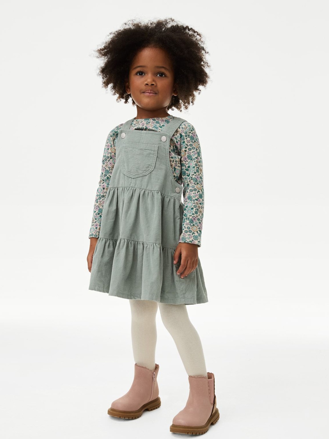 

Marks & Spencer Girls Printed Top With Leggings & Dungaree, Green