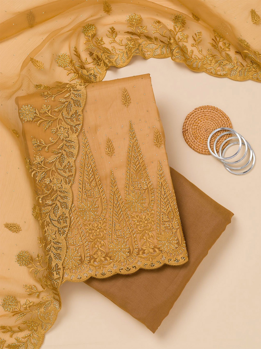 

Koskii Ethnic Motifs Embroidered Beads and Stones Unstitched Dress Material, Yellow