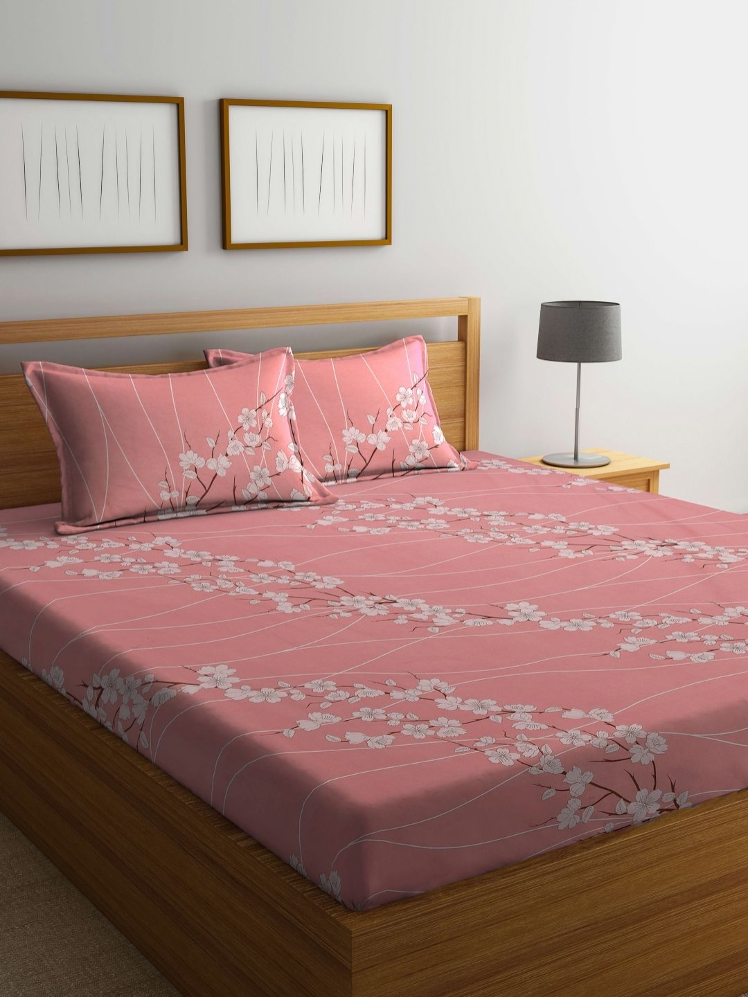 

Aura Pink & White Floral Printed Fitted 400TC King Cotton Bedsheet With 2 Pillow Cover