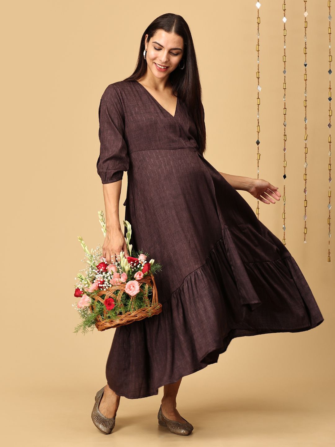

The Mom Store Women Puff Sleeve Maternity Wrap Maxi Dress, Brown