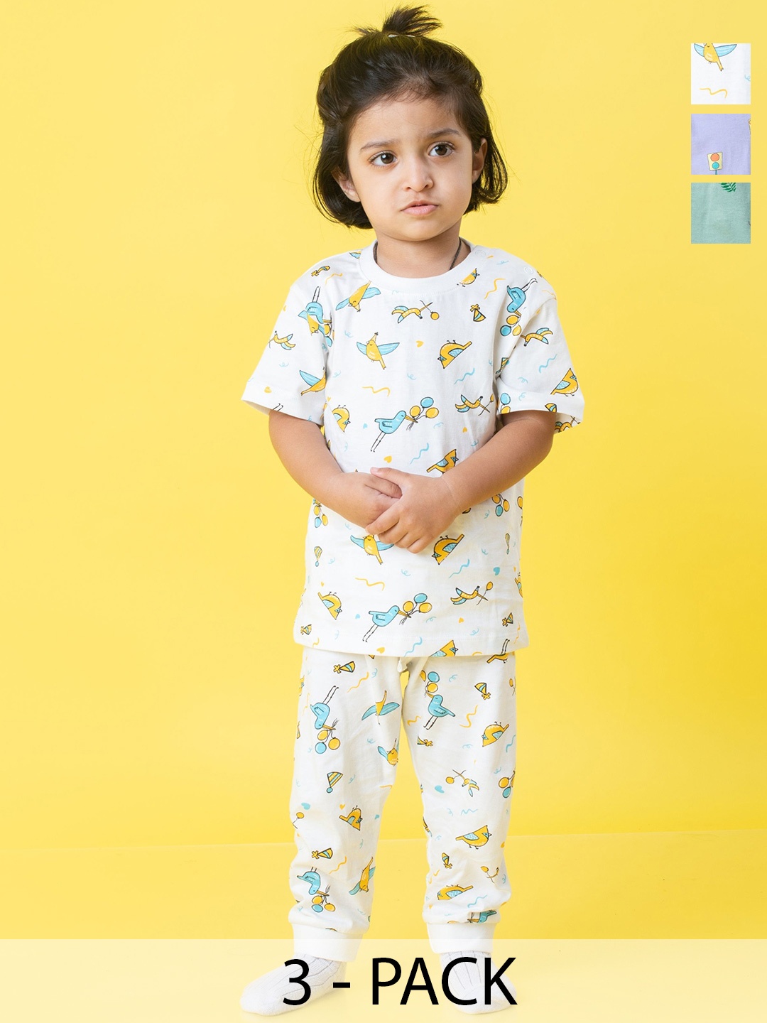 

Orange Sugar Unisex Kids Pack of 3 Printed Pure Cotton T-shirt with Pyjamas, White