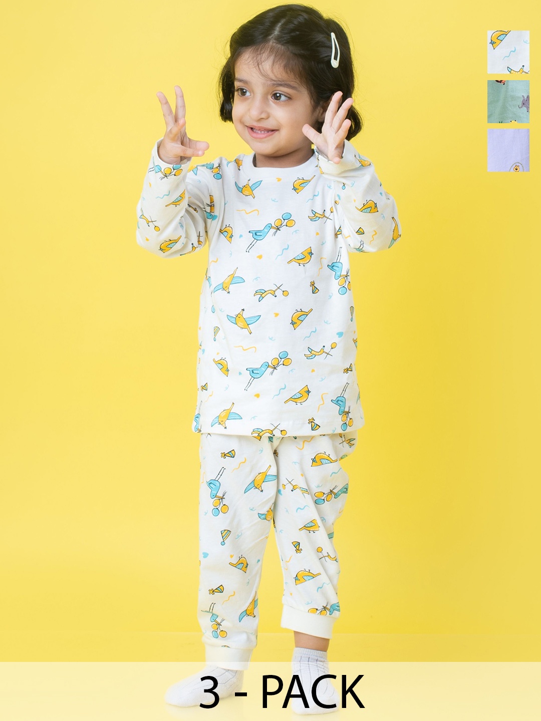 

Orange Sugar Unisex Kids Pack of 3 Printed Pure Cotton T-shirt with Pyjamas, Blue