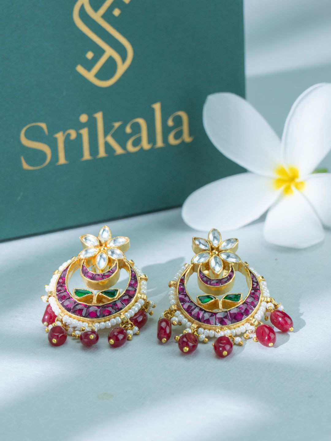 

srikala Gold-Plated Contemporary Stone Studded & Beaded Enamelled Chandbalis, Multi