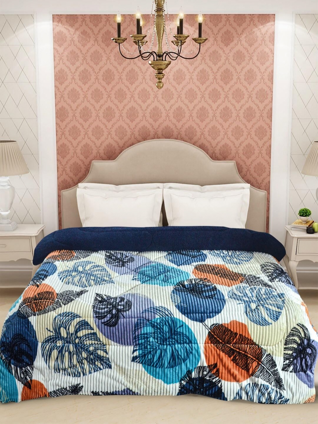 

FABINALIV Blue & Black Floral 950 GSM Woollen Heavy Winter Double Bed Quilt