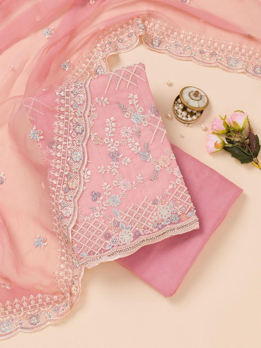 

Koskii Floral Embroidered Stone Work Unstitched Dress Material, Peach