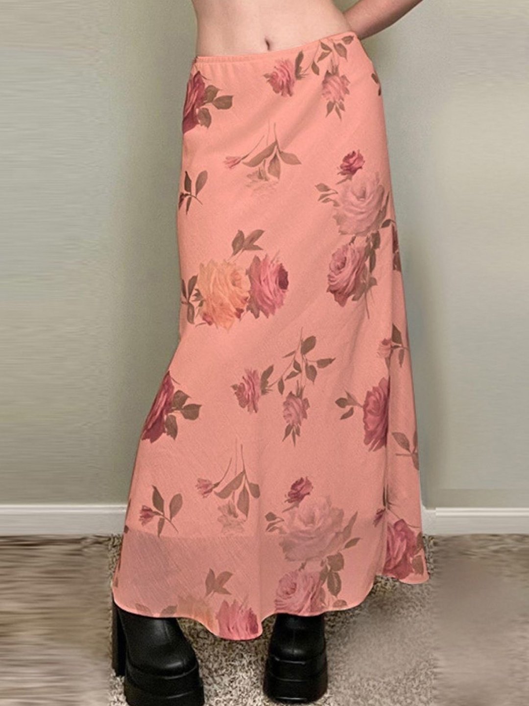 

KPOP Women Floral Printed Maxi Skirt, Pink
