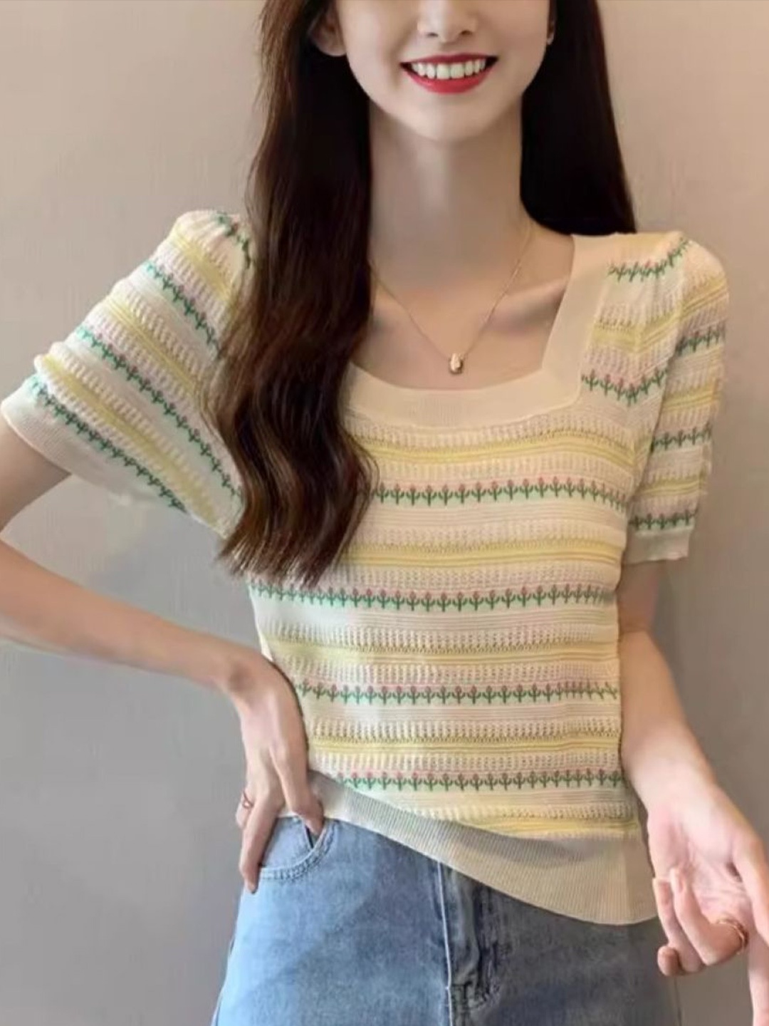 

KPOP Women Striped Pullover Sweater, Yellow