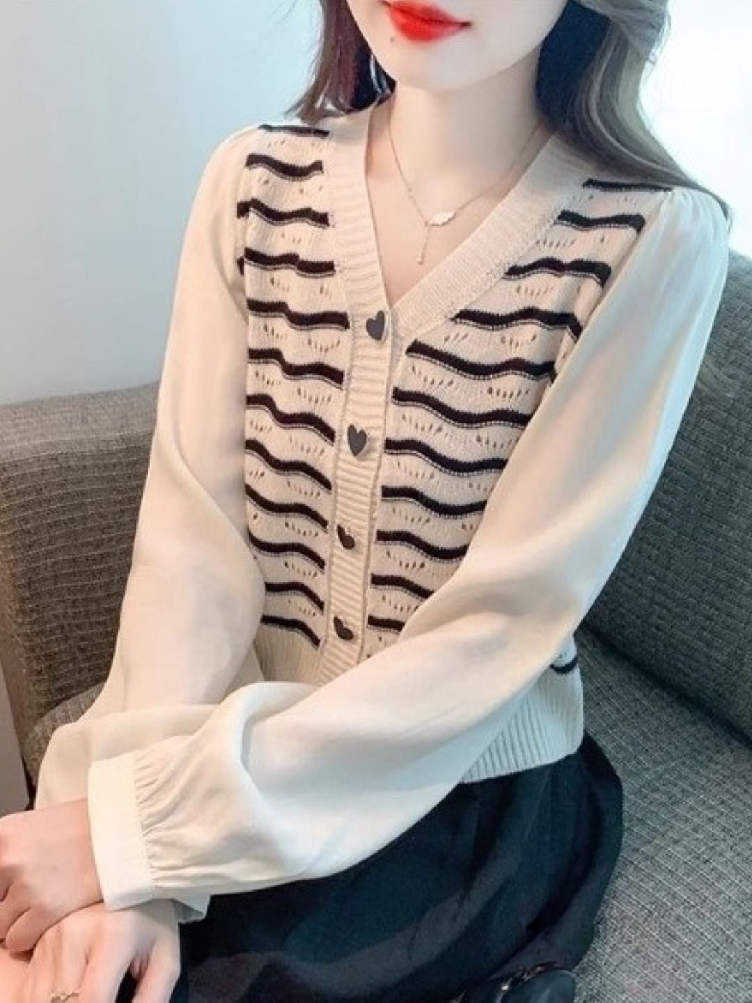 

KPOP Women Striped Cotton Cardigan, Cream