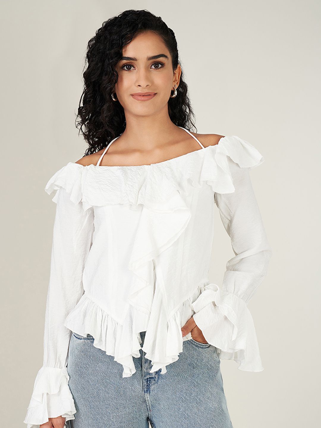 

People Women Off-Shoulder Bell Sleeves Top, Off white