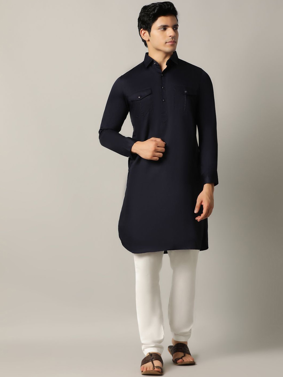 

THE KURTA COMPANY Shirt Collar Straight Kurta, Navy blue