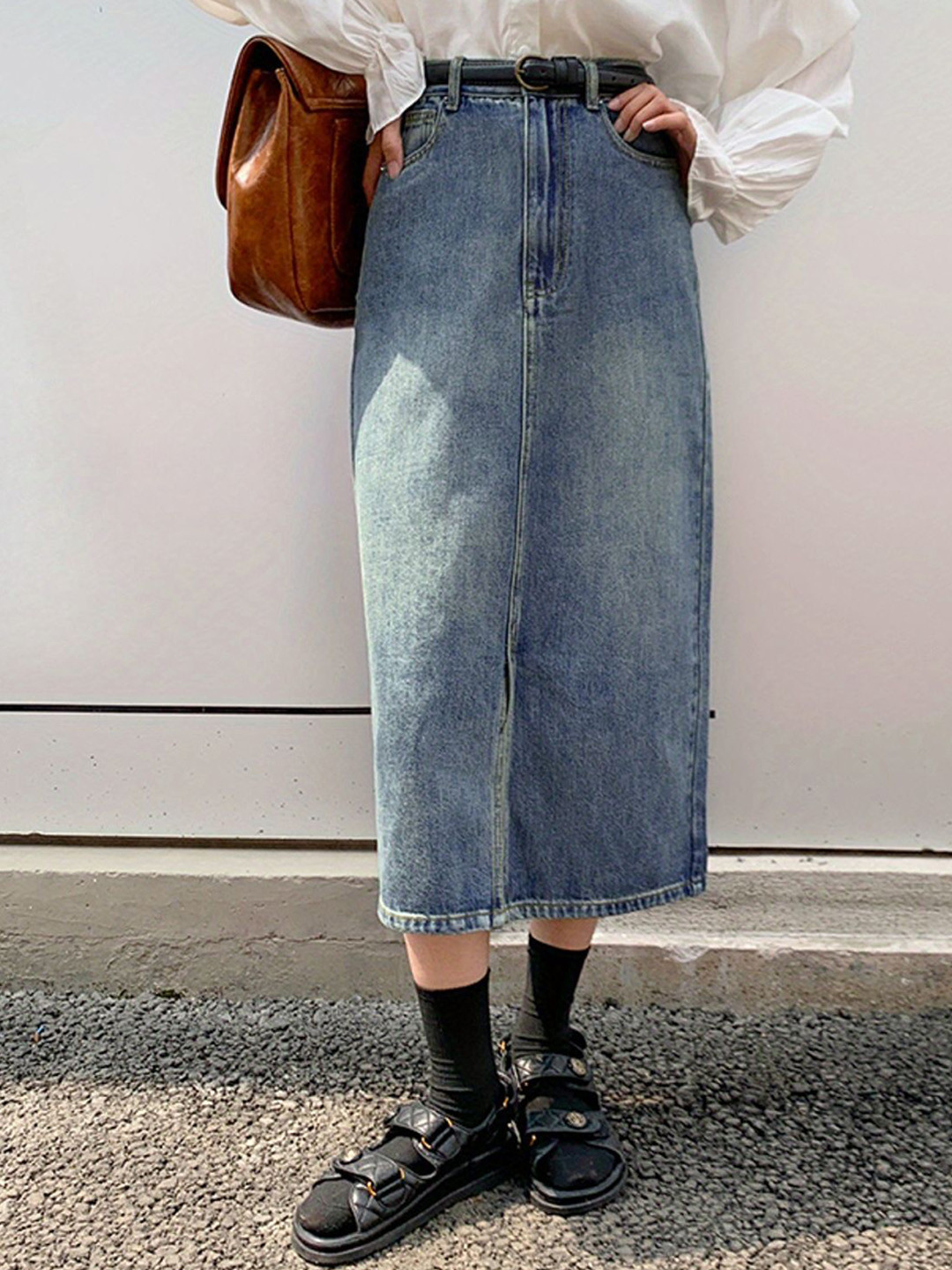 

StyleCast Women Denim Straight Midi Skirt, Blue