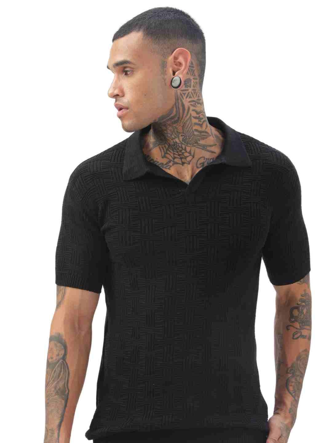 

ilyzly Men Polo Collar T-shirt, Black